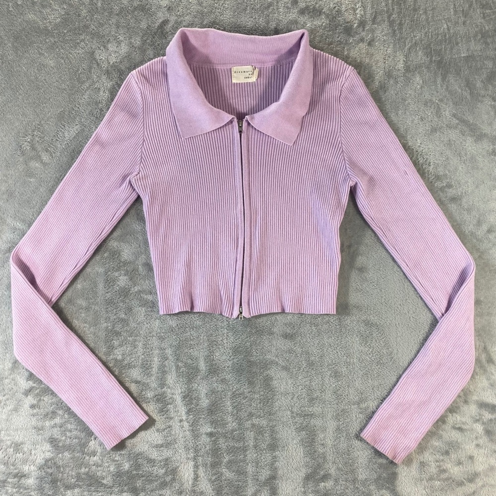 Dreamers‎ by Debut Zip Up Cardigan Womens Medium Purple Ribbed Cropped Cute